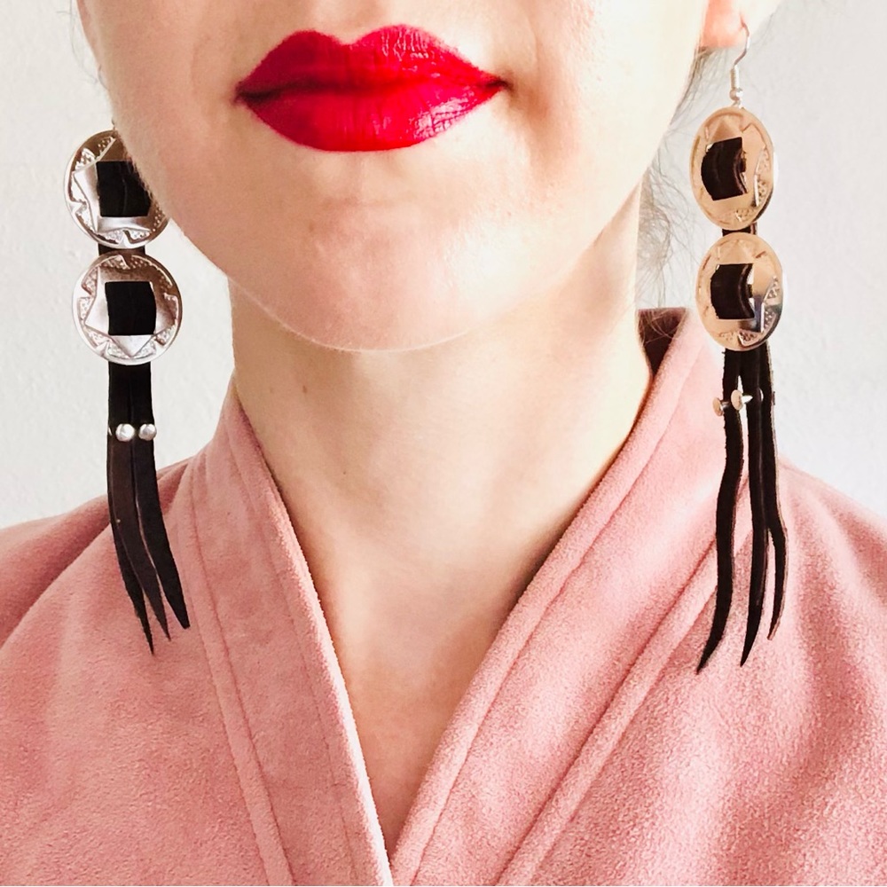 Handcrafted Brown Small Genuine Leather Western Silver Concho Earrings